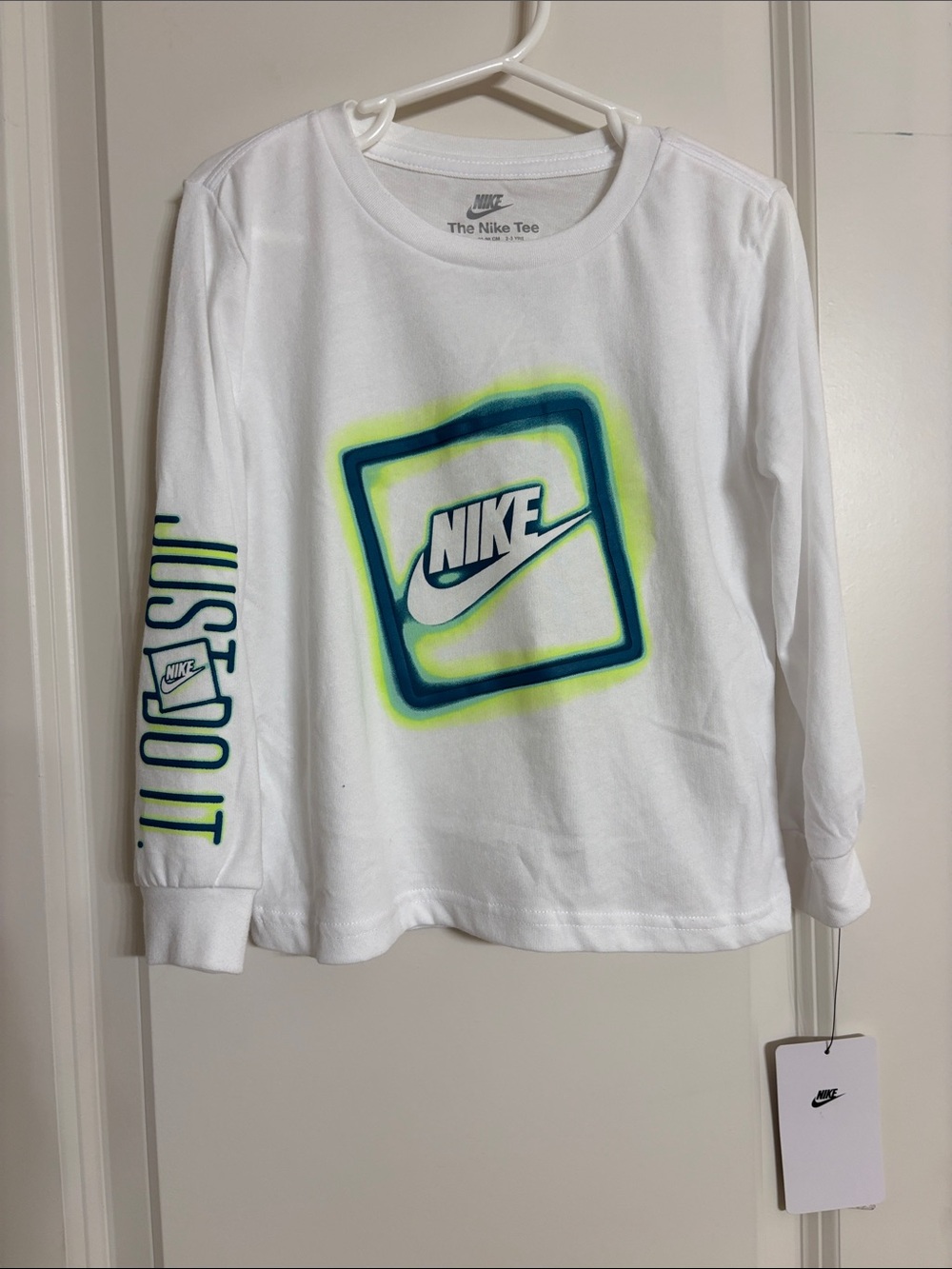 New Nike White Long Sleeve Tee with Neon Green and Teal Logo